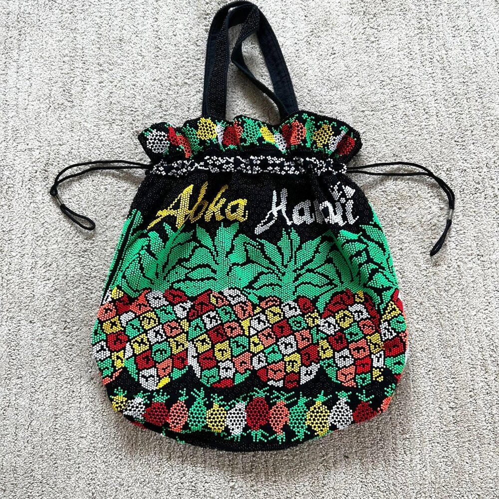 Vintage Beaded Aloha Hawaii Drawstring Tote Bag Pineapple Design Beach Theme